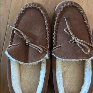 Brown Suede Faux Fur Lined Moccasin Slippers
